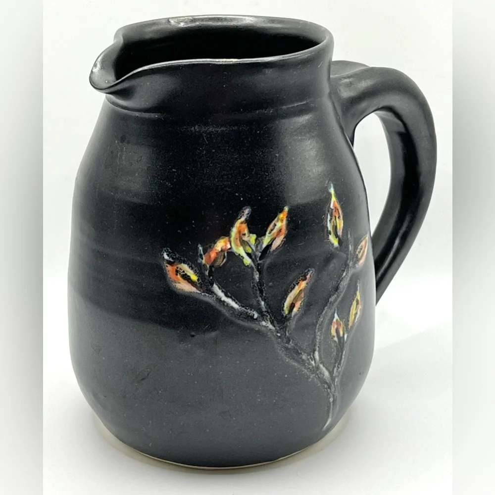 Studio Art Pottery Ceramic Black Pitcher Floral Design Heavy Decorative Vase 5.5